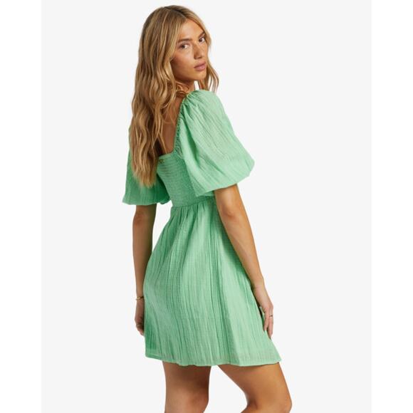 Billabong Sol Gauzy Puff Sleeve Mini Dress Bright Meadow Green Summer Size L NEW - Picture 3 of 12